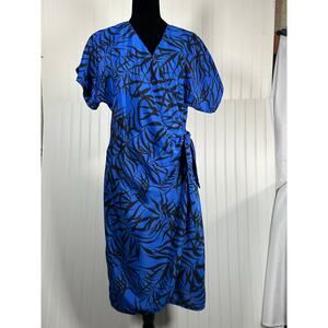 VTG black blue floral wrap dress Midi golden girls thelma, and Louise Sz 11-12